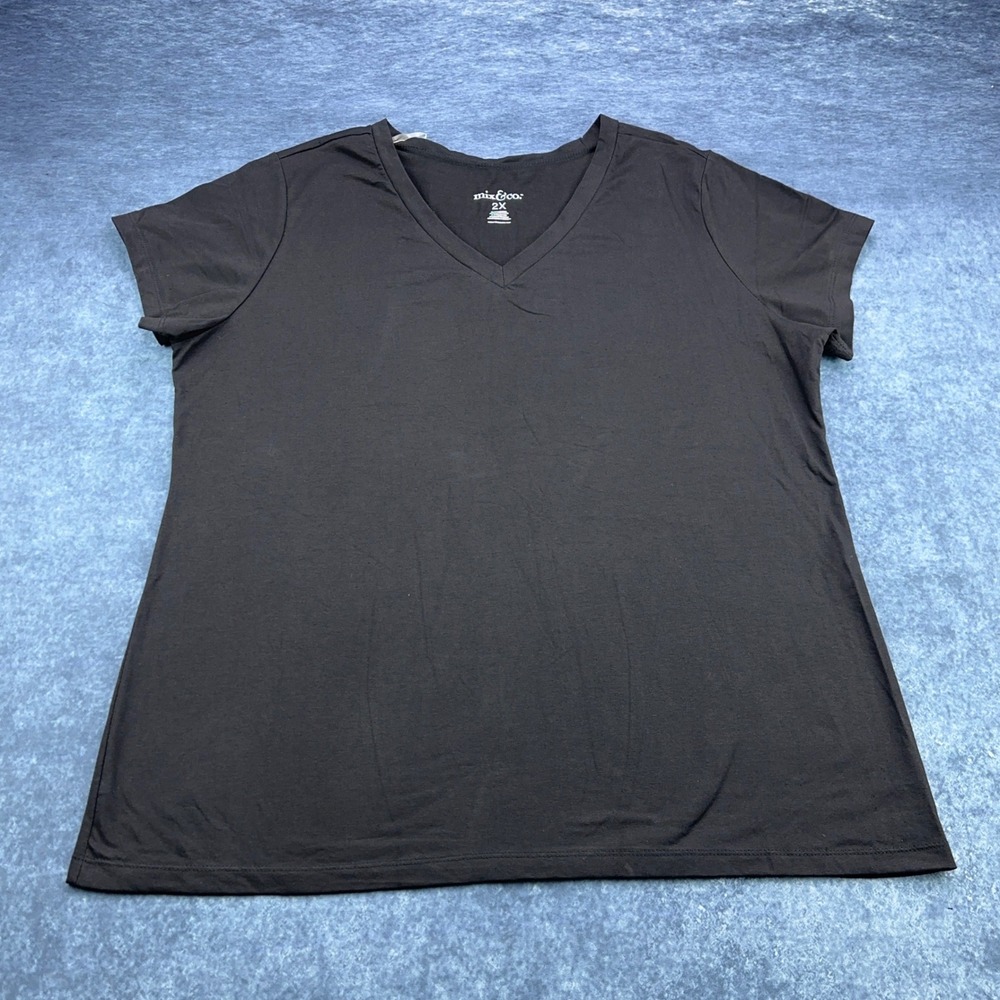 Mix & Co Womens Plus Size 2X Black V-Neck Short Sleeve Cotton Blend Tee Shirt